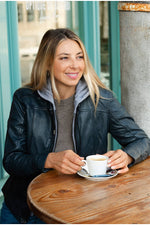 Navy blue slimfit leather jacket with removable cotton hood - Image n°6