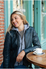 Navy blue slimfit leather jacket with removable cotton hood - Image n°8