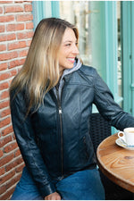 Navy blue slimfit leather jacket with removable cotton hood - Image n°3