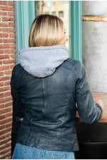 Navy blue slimfit leather jacket with removable cotton hood - Image n°4