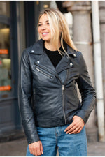Navy blue leather biker jacket for women - Image n°1
