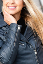Navy blue leather biker jacket for women - Image n°6