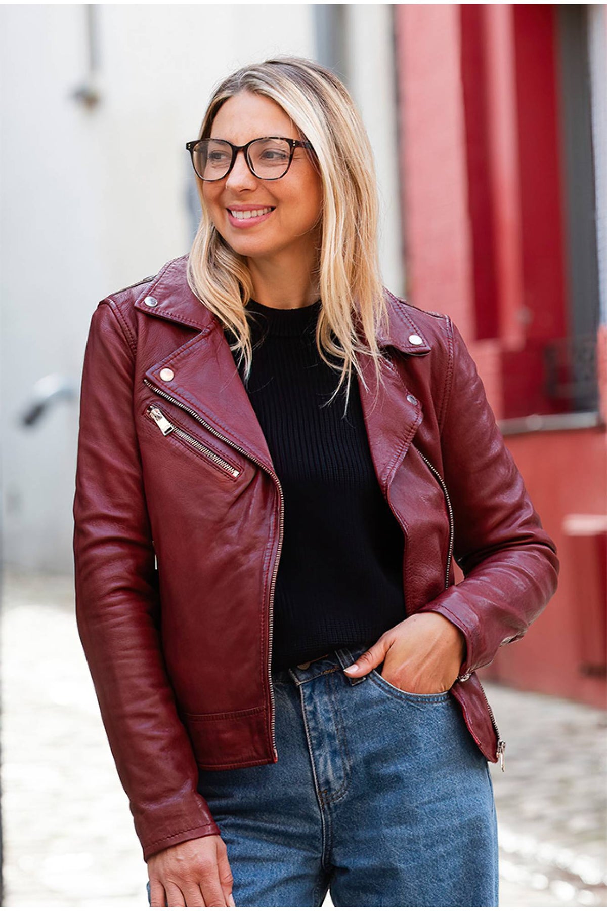 Ketchup red leather biker jacket for women - Image n°1