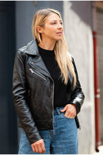Black leather biker jacket with printed lining - Image n°9