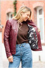 Women's dark pink leather biker-collar jacket - Image n°14