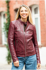 Women's dark pink leather biker-collar jacket - Image n°16