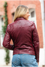 Women's dark pink leather biker-collar jacket - Image n°17
