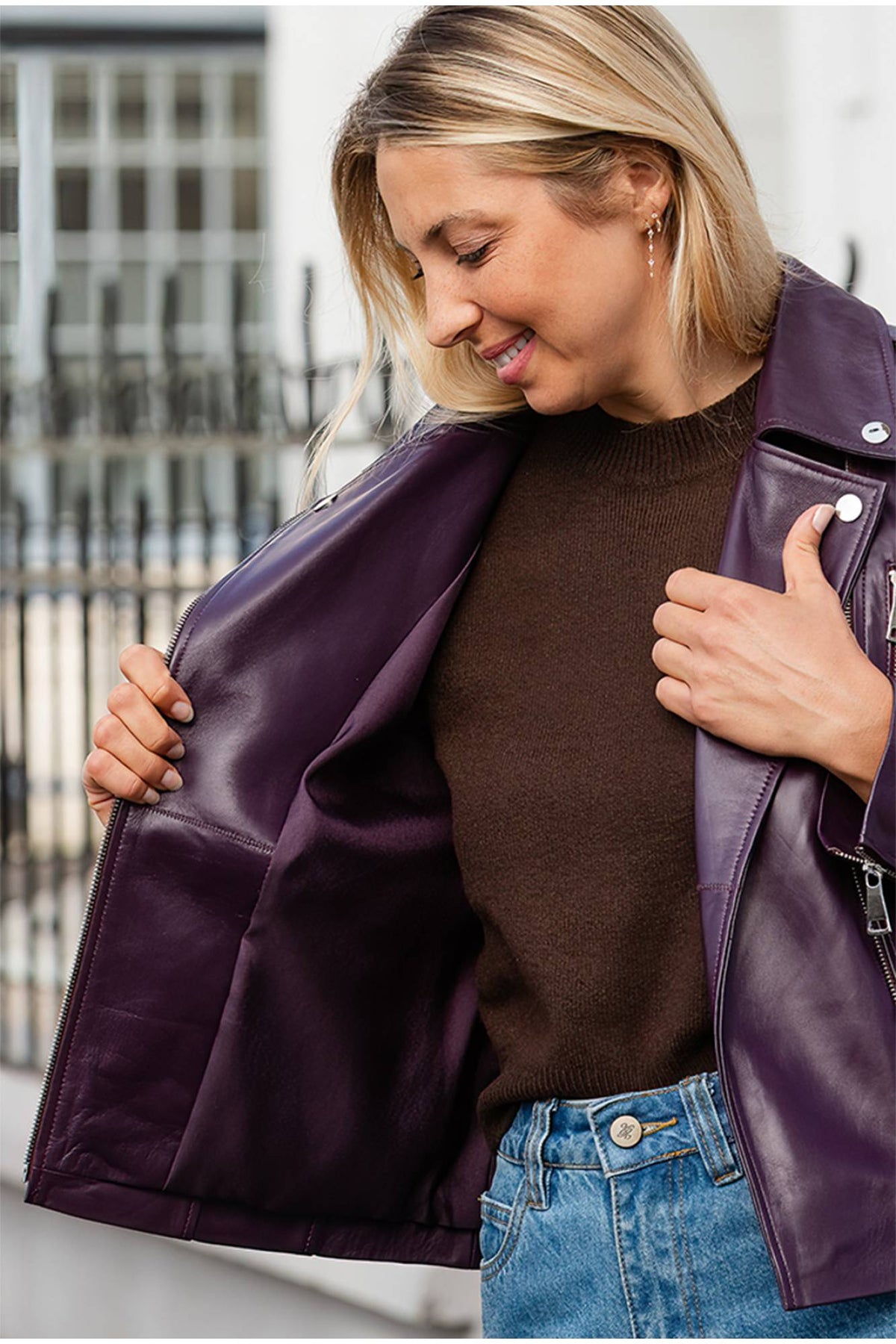 Pearlescent purple leather biker jacket - Image n°5