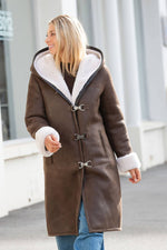 Long hooded brown shearling leather coat - Image n°8