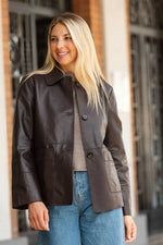 Lightweight brown leather jacket with shirt collar - Image n°1