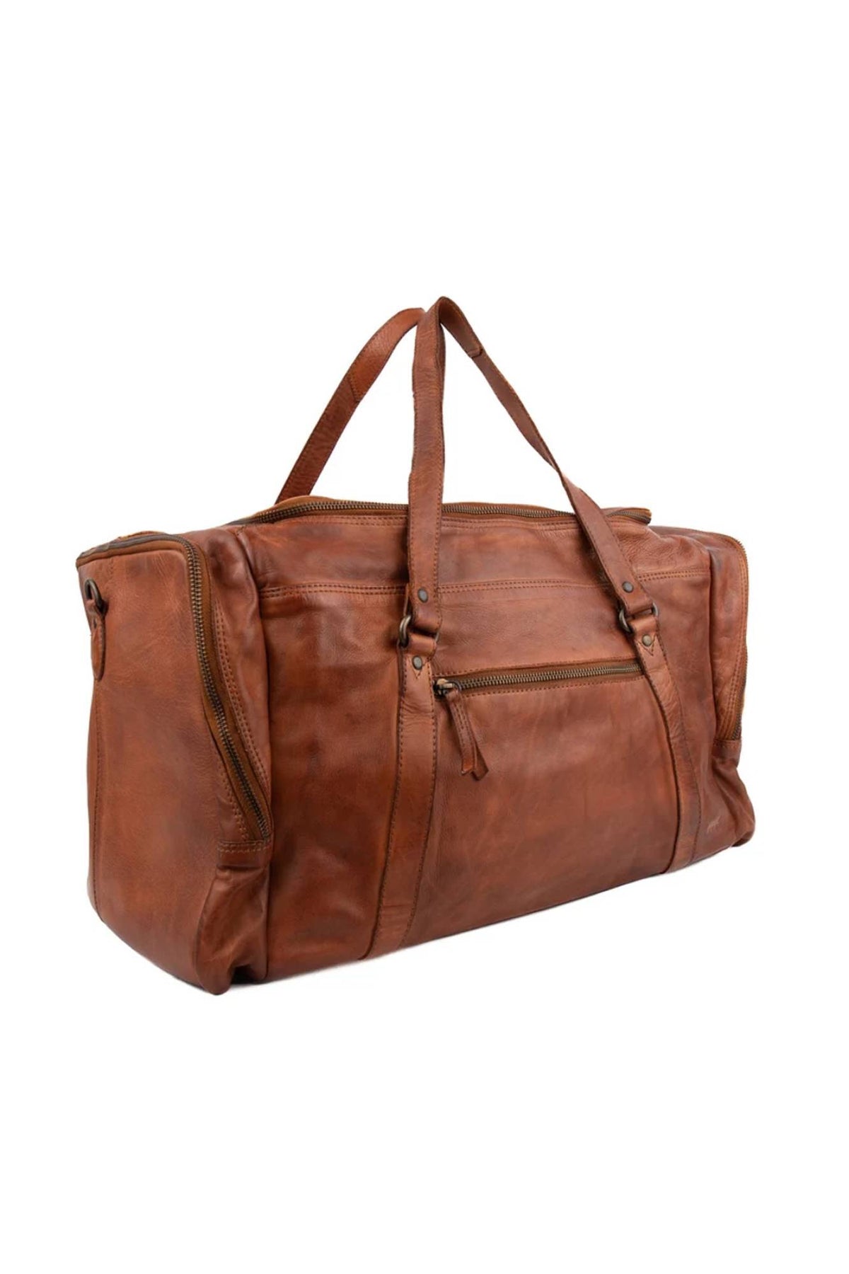 Vintage-look cognac cowhide leather travel bag - Image n°4