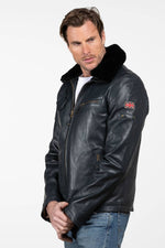 Navy blue leather jacket with an aviator collar - Image n°2