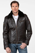 Brown Leather Jacket with Aviator Collar - Image n°1