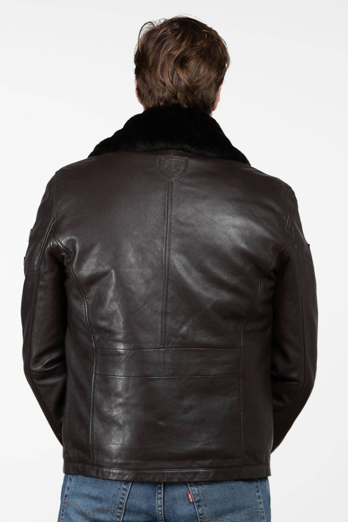 Brown Leather Jacket with Aviator Collar - Image n°3