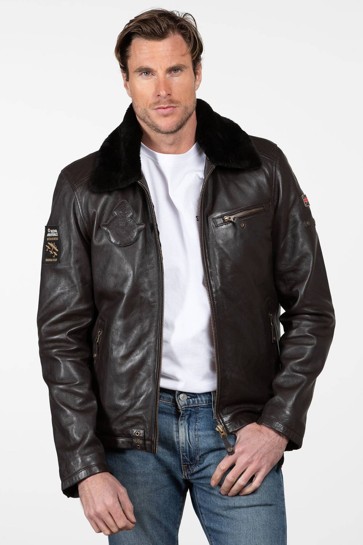 Brown Leather Jacket with Aviator Collar - Image n°5