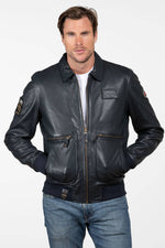 Navy blue shirt-collar leather jacket - Image n°1