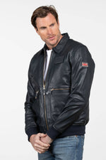 Black shirt-collar leather jacket - Image n°2