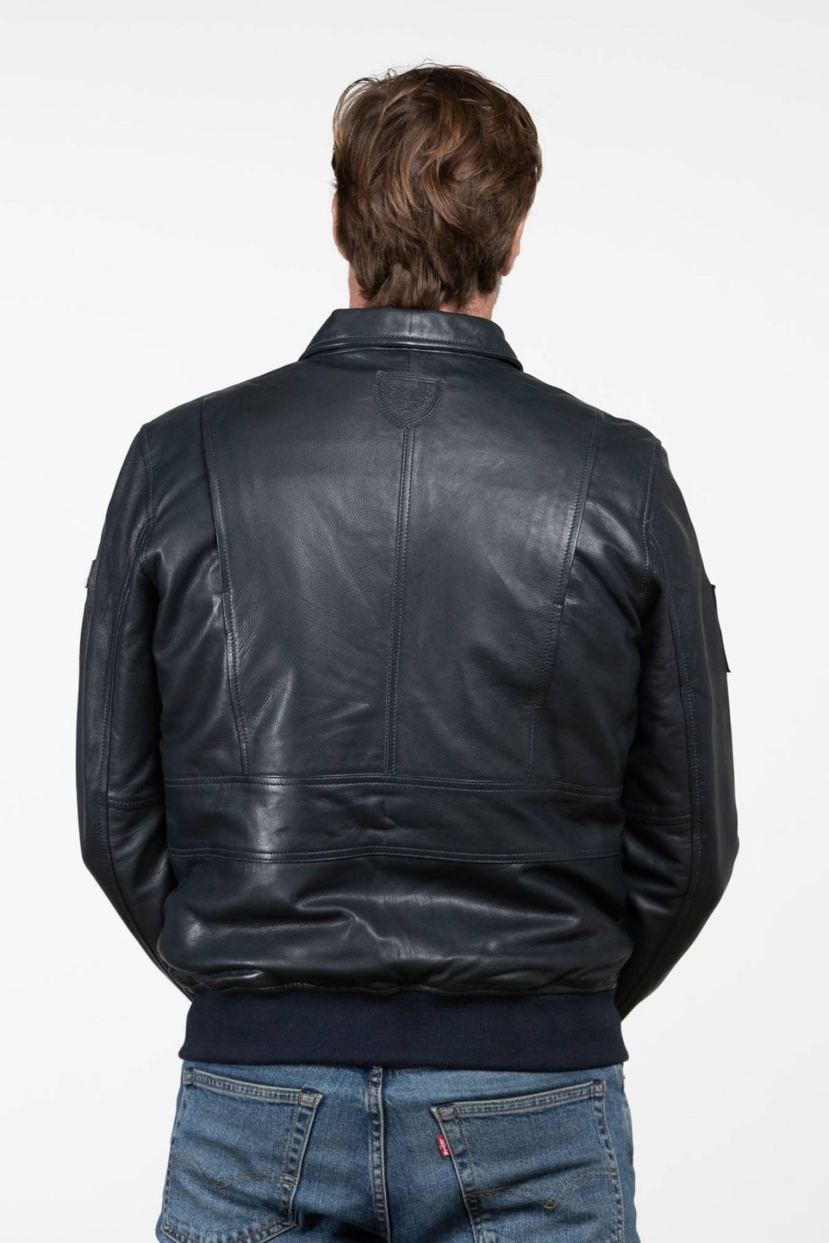 Navy blue shirt-collar leather jacket - Image n°3