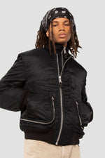 Black tactical double-zip bomber jacket with an oversized fit - Image n°1