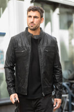 Black leather biker collar jacket - Image n°1