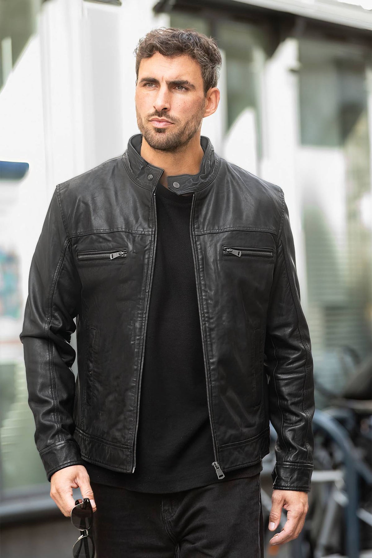 Black leather biker collar jacket - Image n°1