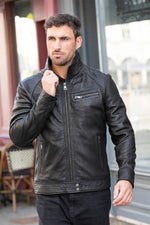 Black leather jacket with stand-up collar - Image n°1