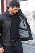 Black leather jacket with stand-up collar - Image n°7