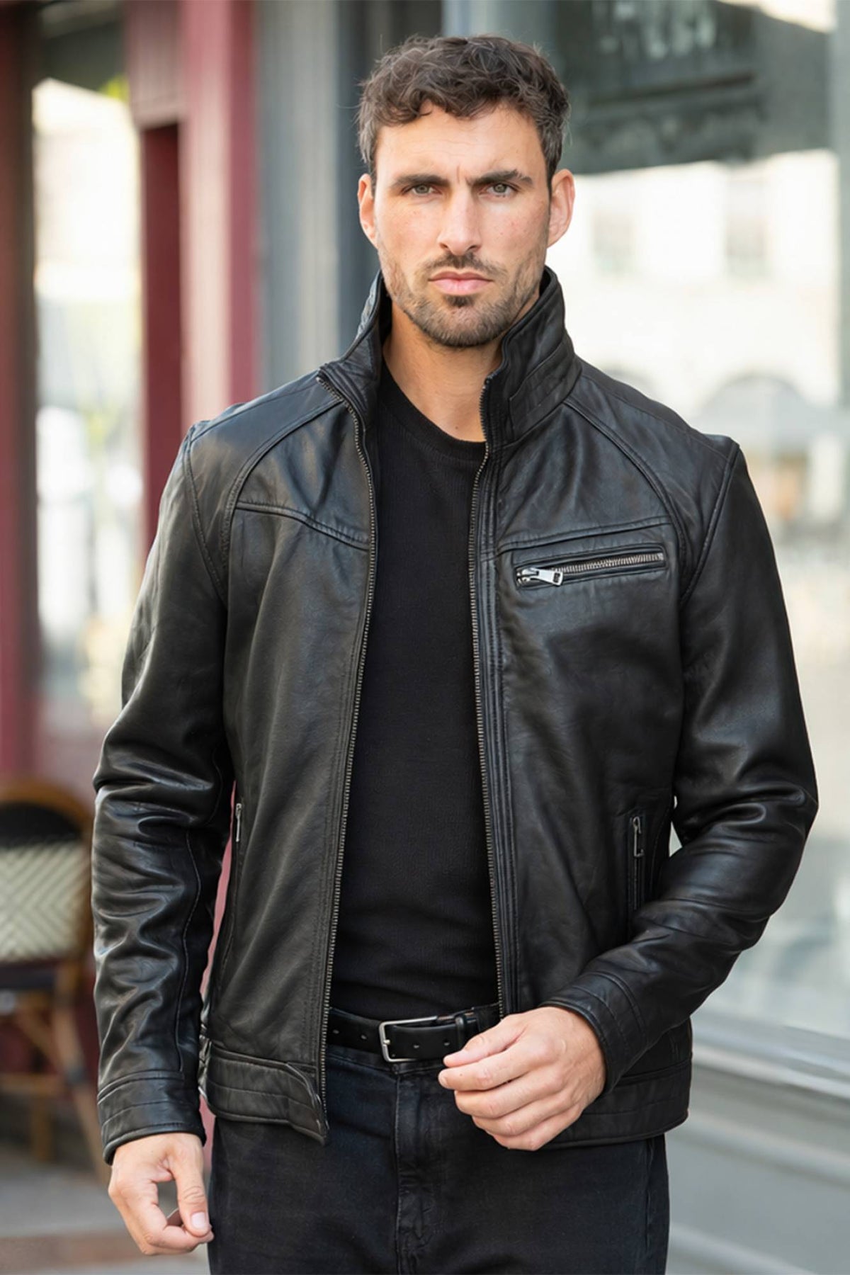 Black leather jacket with stand-up collar - Image n°6