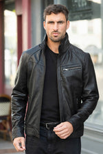 Black leather jacket with stand-up collar - Image n°6