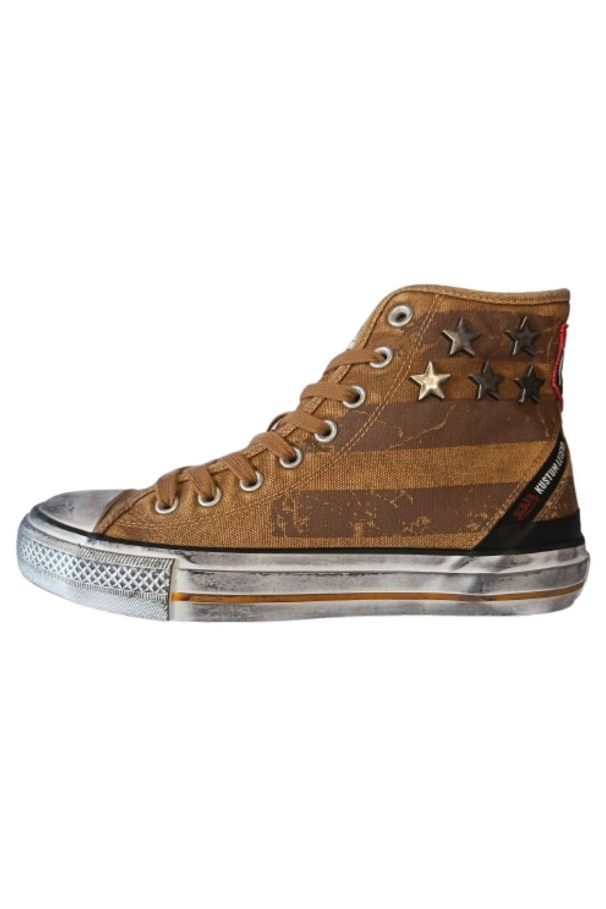 Brown high-top canvas sneaker with metallic stars - Image n°1