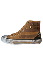 Brown high-top canvas sneaker with metallic stars - Image n°1