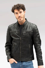 Black lambskin biker-collar jacket with quilted shoulders - Image n°1