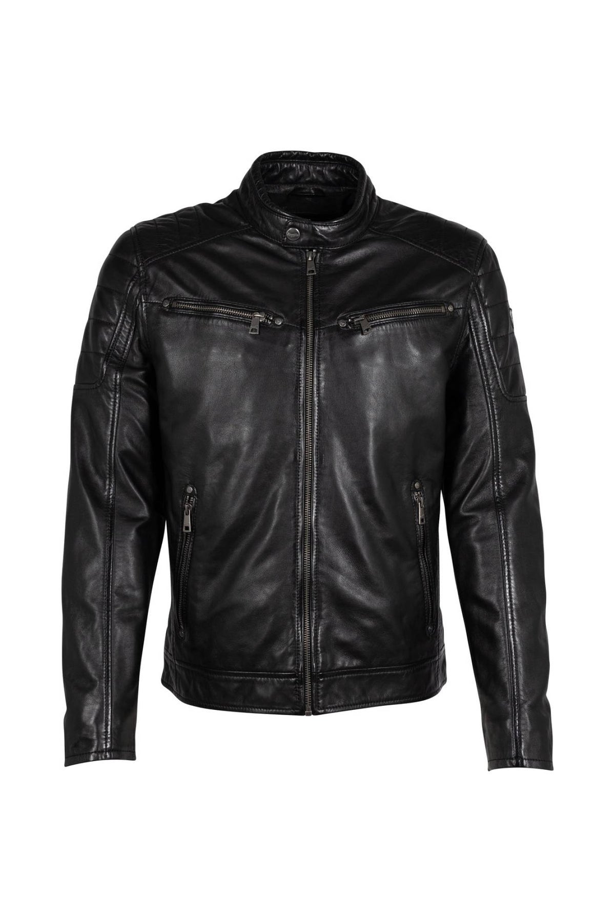 Black lambskin biker-collar jacket with quilted shoulders - Image n°2