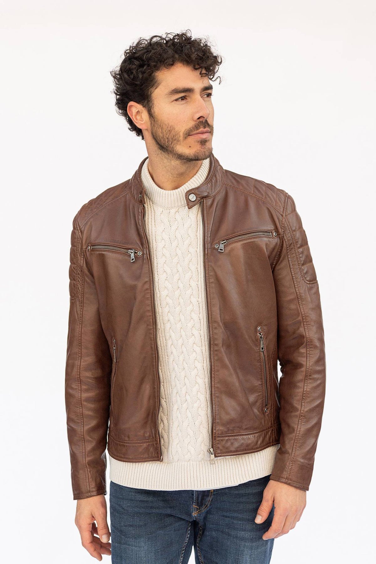 Cognac quilted lambskin biker-collar jacket with padded shoulders - Image n°1