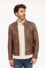 Cognac quilted lambskin biker-collar jacket with padded shoulders - Image n°1