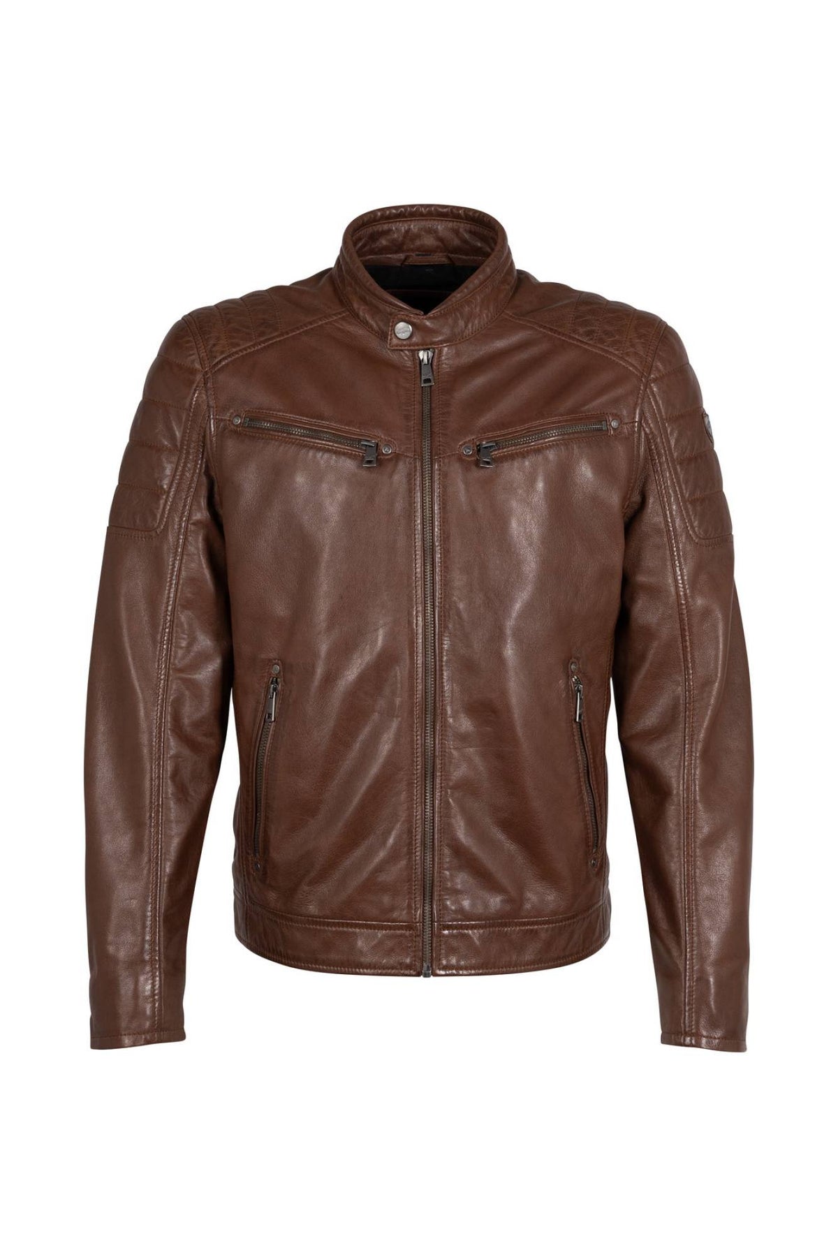 Cognac quilted lambskin biker-collar jacket with padded shoulders - Image n°2