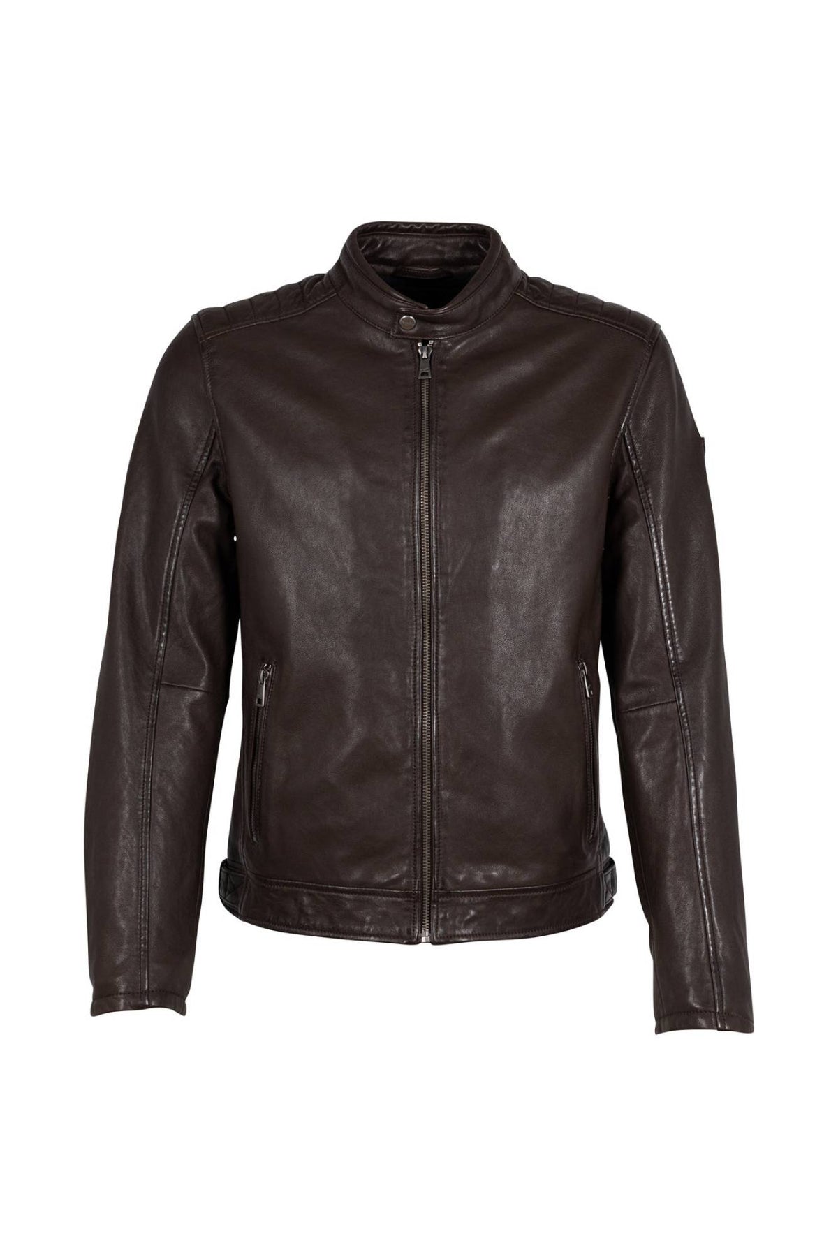 Smooth dark brown lambskin biker-collar jacket with topstitched shoulders - Image n°2