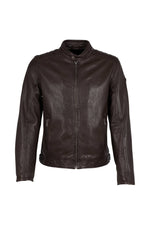 Smooth dark brown lambskin biker-collar jacket with topstitched shoulders - Image n°2