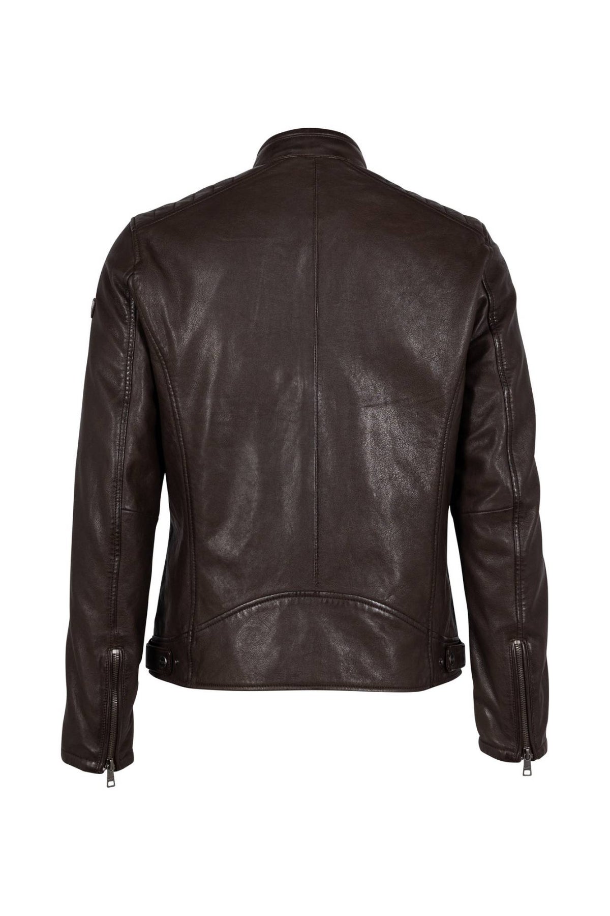 Smooth dark brown lambskin biker-collar jacket with topstitched shoulders - Image n°4