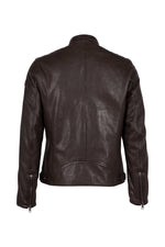 Smooth dark brown lambskin biker-collar jacket with topstitched shoulders - Image n°4
