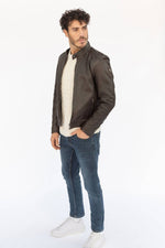 Smooth dark brown lambskin biker-collar jacket with topstitched shoulders - Image n°6