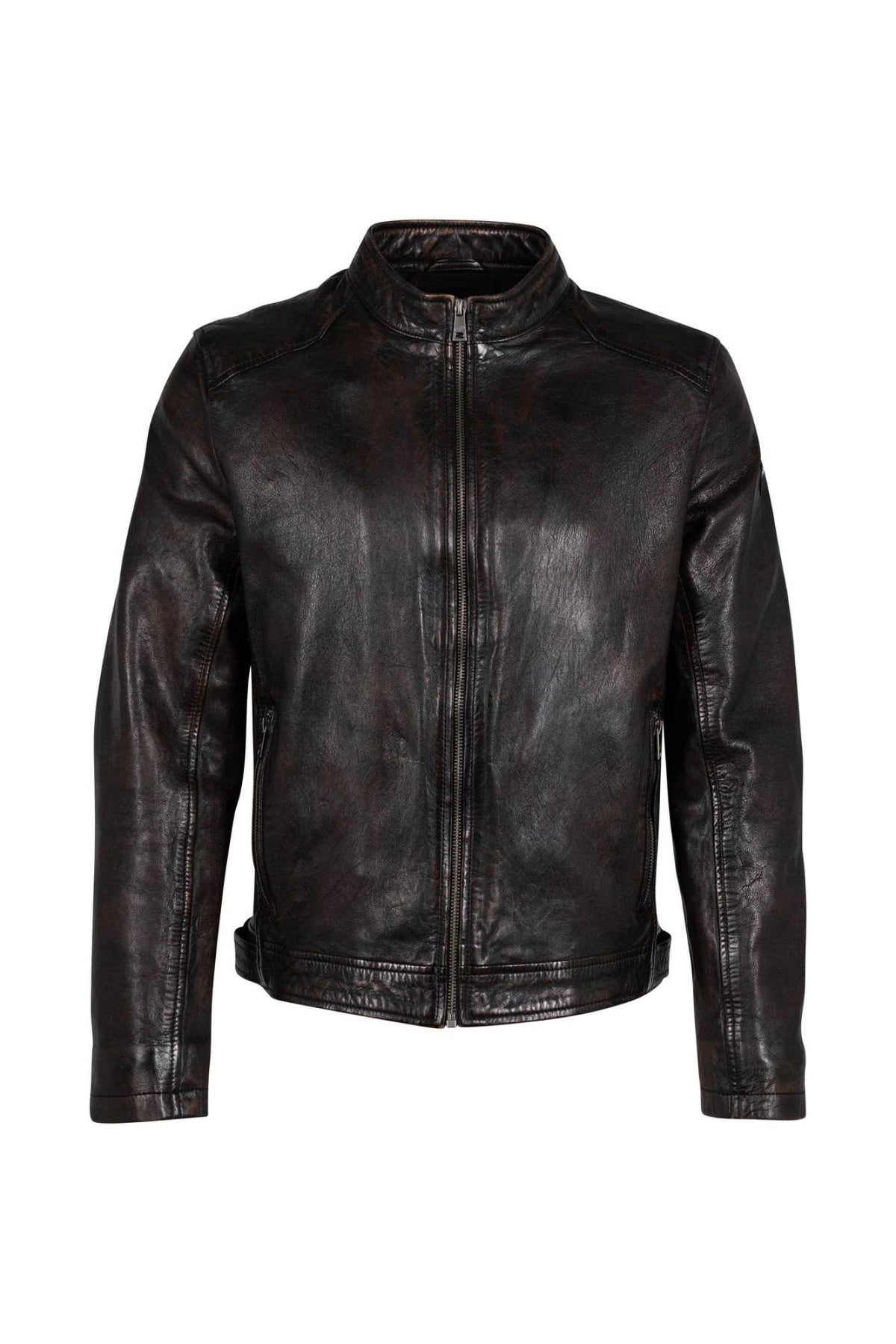 Brown-black faded aged lambskin leather stand collar jacket - Image n°3