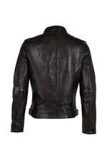 Brown-black faded aged lambskin leather stand collar jacket - Image n°4