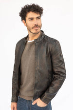 Brown-black faded aged lambskin leather stand collar jacket - Image n°2
