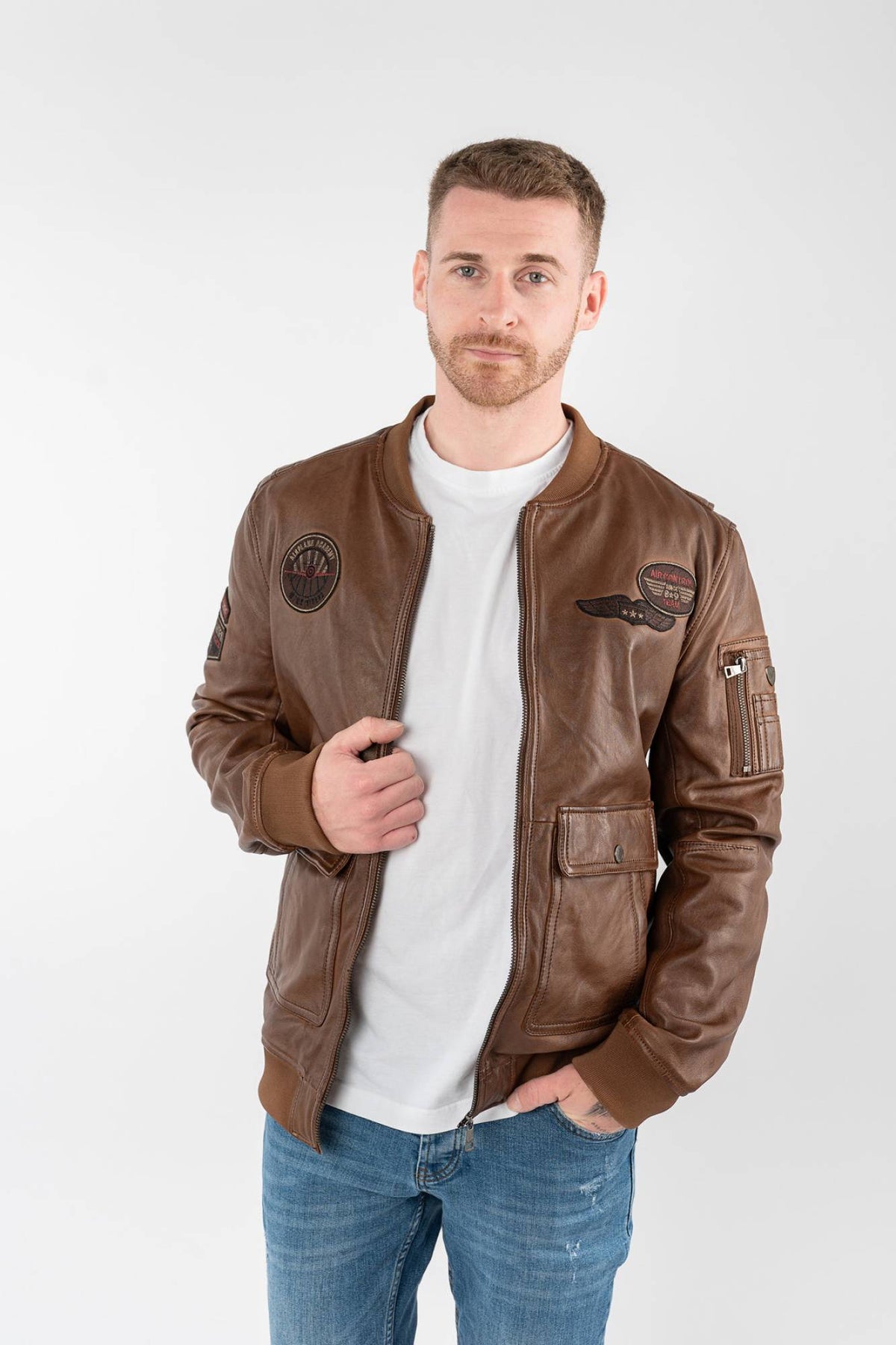 Cognac lambskin flight jacket with rib-knit trims and embroidered patches - Image n°6