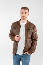 Cognac lambskin flight jacket with rib-knit trims and embroidered patches - Image n°6