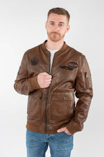 Cognac lambskin flight jacket with rib-knit trims and embroidered patches - Image n°1