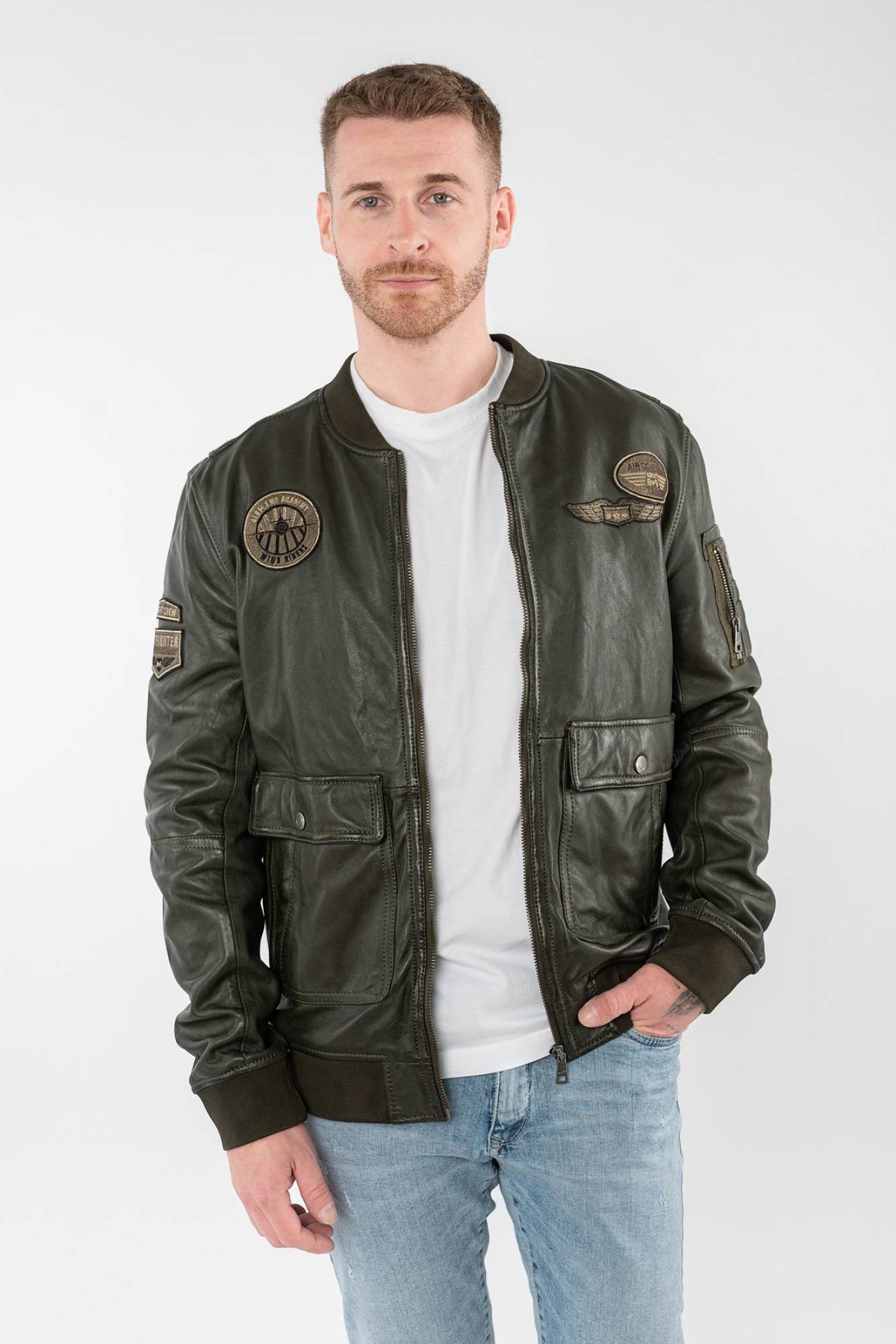 Khaki green lambskin flight jacket, tone-on-tone patches - Image n°1