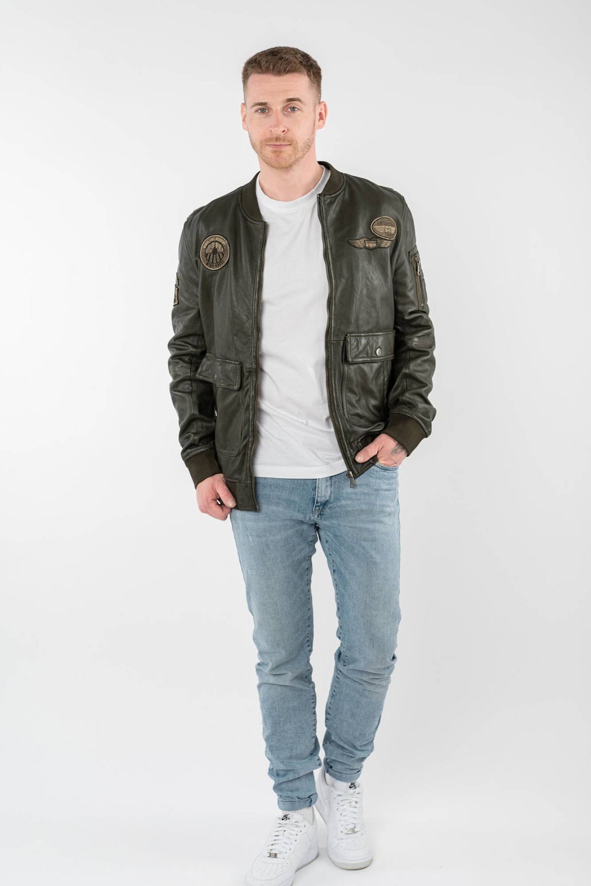 Khaki green lambskin flight jacket, tone-on-tone patches - Image n°3