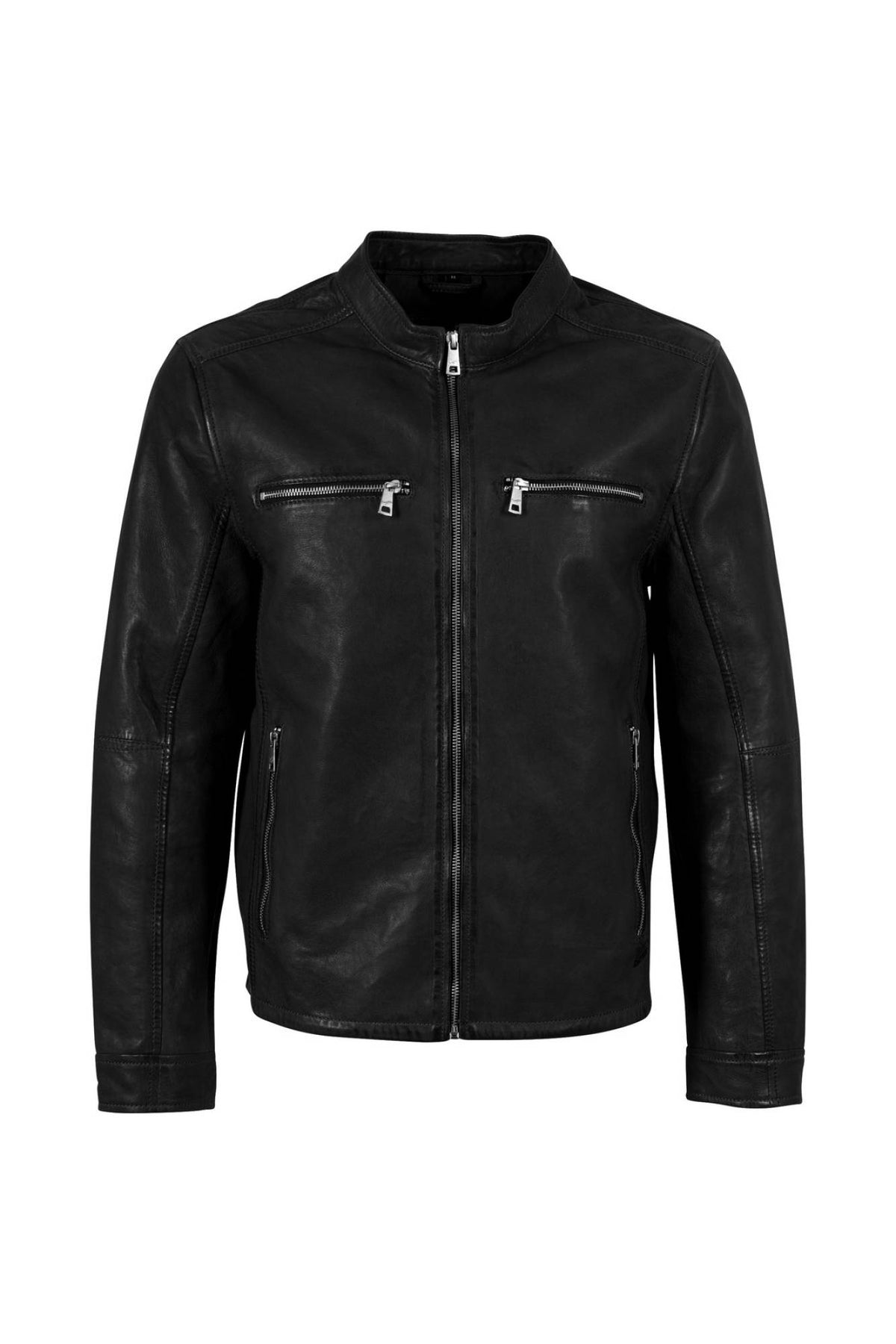 Black lambskin jacket with round collar and two zipped chest pockets - Image n°5